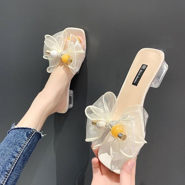 

transparent slippers shoes woman 2020 square heel slides low butterfly-knot block scandals rubber pu hoof heels, Black