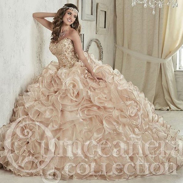 

Роскошные кристаллы Шампанское Вышивка бальное платье Quinceanera платья длиной до пола Vestidos De 15 Anos Сладкие 16 Платья