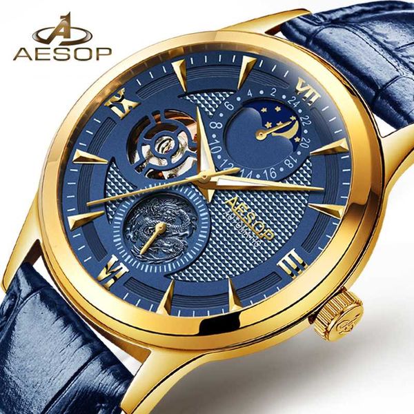 

aesop moon phase calendar blue dial gold mens mechanical watches genuine leather strap skeleton watch, Slivery;brown