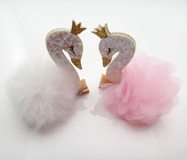 

2020new arrivals cute white furry ball swan hair clip pink yarn ball swan headdress cartoon animal stereo hairpin hair accessory, Slivery;white