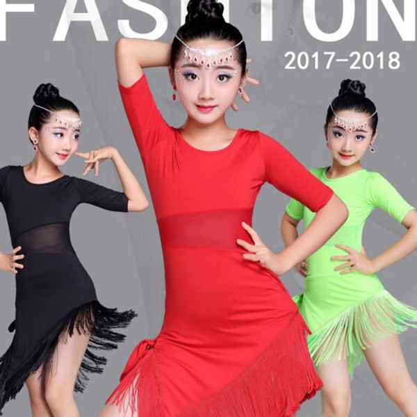 

mid long sleeve lace mesh mordern ballroom dancing dresses for kids salsa tango skirt children latin dance dress for girls, Black;red