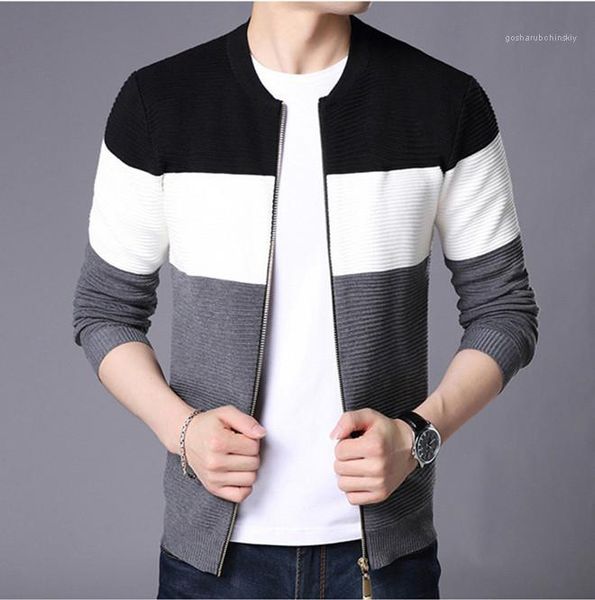 

jacket patckwork contras color males spring fashion casual outwear mens designer spring knitted cardigan crew neck zipper fly, Black;brown