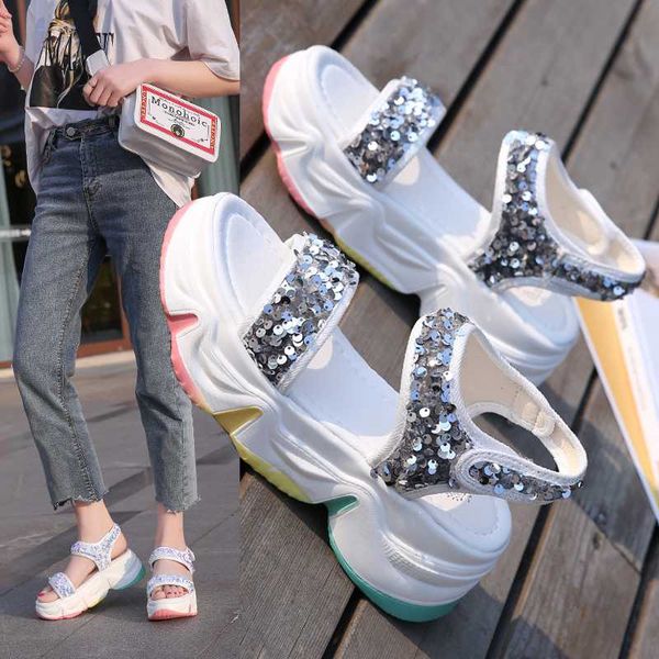 

summer wild sequins roman shoes new rainbow bottom women's shoes thick bottom sandals female z527, Black