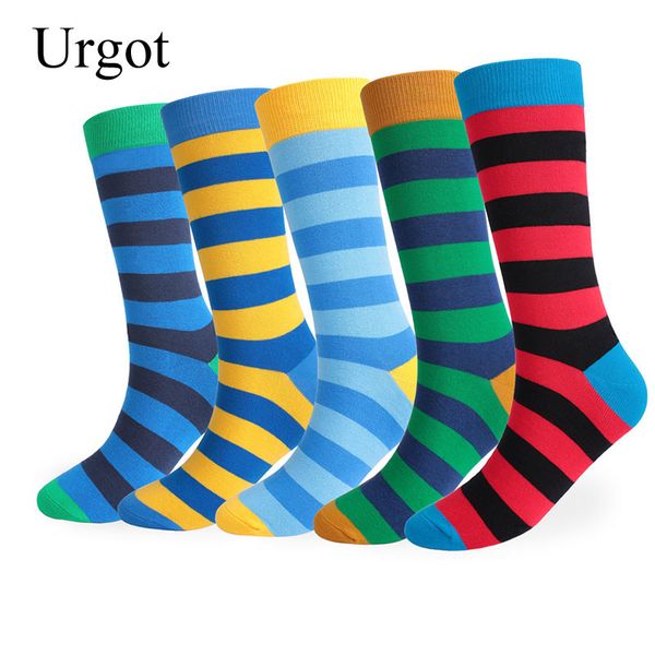 

urgot 5 pairs men's socks enlarged size eur 43-48 long tube stripe cotton thicker stink proof high waist male happy socks meias, Black