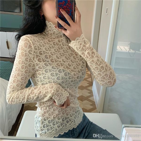 

высокий воротник кружевная рубашка женская 2020 весна новый стиль корейский стиль элегантный облегающий длинный рукав выдалбливают сексуальн, White
