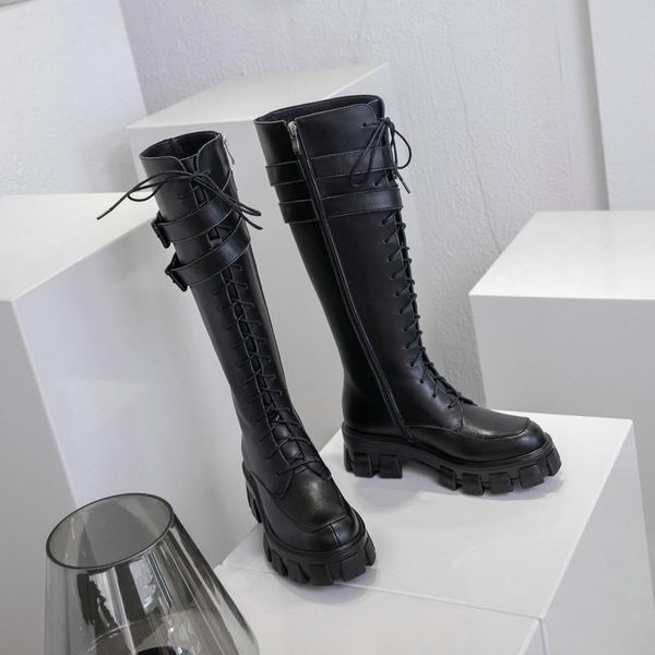 

2019 punk women genuine leather knee high boots female motorcycle boots night club shoes woman platform chunky heels, Black