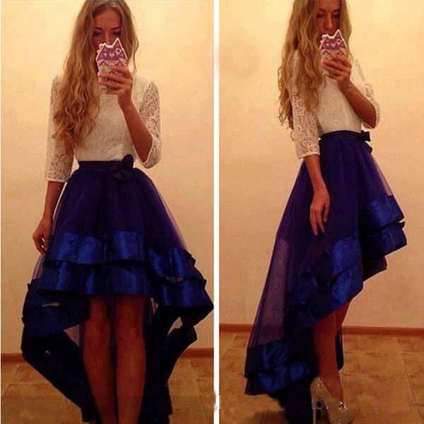 

Fashion High Low Prom Dresses White Lace Top And Dark Blue Skirt Jewel 3/4 Long Sleeves Evening Dresses Custom Party Gowns