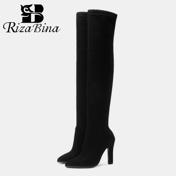 

rizabina autumn winter women boots long stretch slim thigh high boots fashion over the knee high heels shoes size 34-43, Black