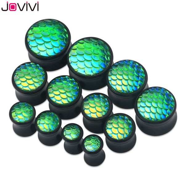 

jovivi 6-16mm черный насыщенный акриловая mermaid рыбья чешуя седло беруши тоннели single flared expander носилки пирсинга, Slivery;golden