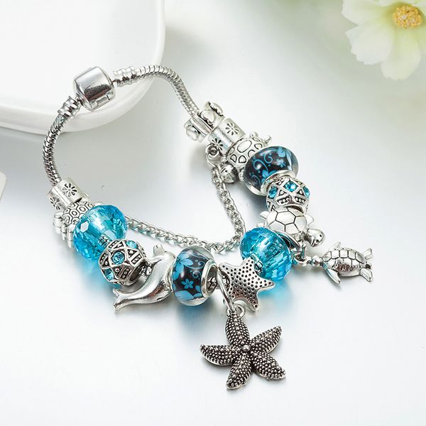 

charm marine series pendant beaded bracelet for pandora jewelry diy beaded pendant ladies bracelet gift with original box, Black