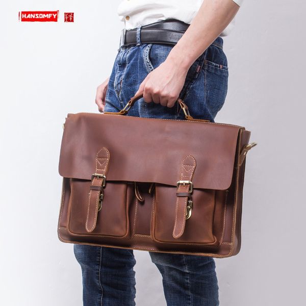 

handmade retro crazy horse leather men's briefcase leather men business handbags portable simple shoulder diagonal computer bags
