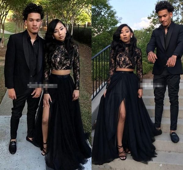 

two piece black prom dresses with lace long sleeve a-line tulle side split evening party gowns galajurken