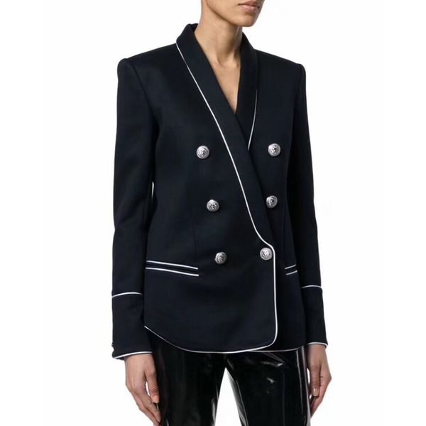 

europe and the united states 2019 new autumn and winter fashion temperament black long striped double-breasted slim suit j, White;black