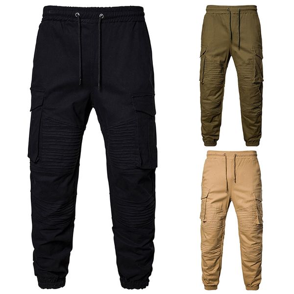 

men pants running hip hop harem joggers pants new male trousers mens solid multi-pocket cargo pants skinny fit sweatpants, Black