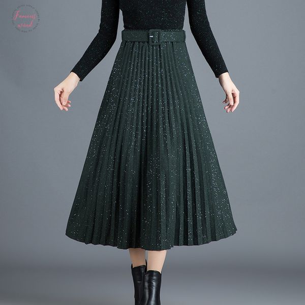 

2020 autumn amp; winter new arrival knitted sequined high waist elastic pleated skirt belt korean a line skirt ing, Black