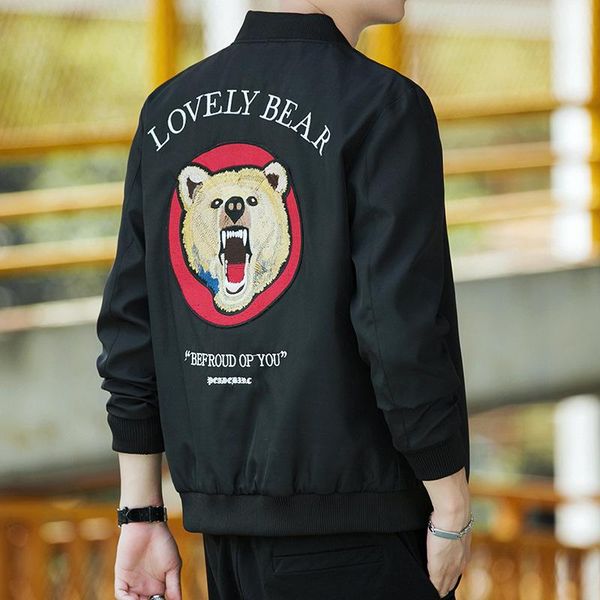 

мужские куртки 2020 новых мужской птица медведь печать вышивка способ куртки стенд воротник тонкого мужчина одежда 2 стилей размер m-4xl опт, Black;brown