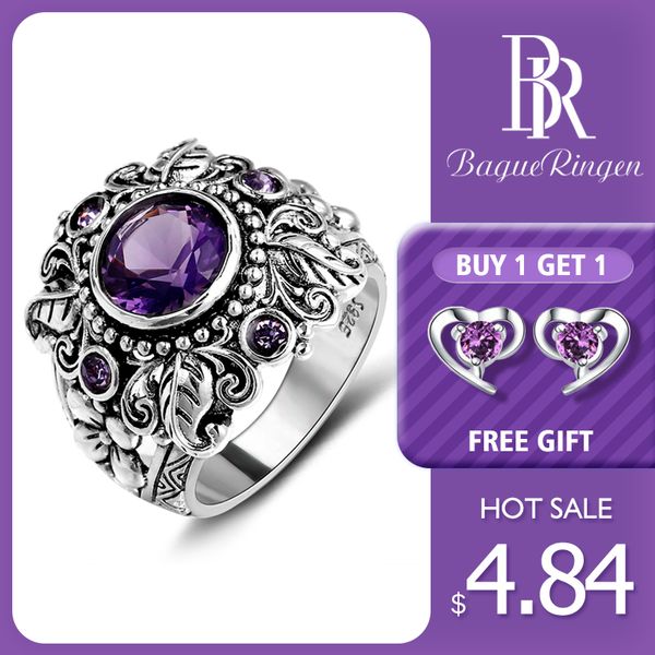 

bague ringen 2019 vintage 100% 925 sterling silver jewelry natural purple amethyst gemstone rings for women men anniversary gift, Golden;silver