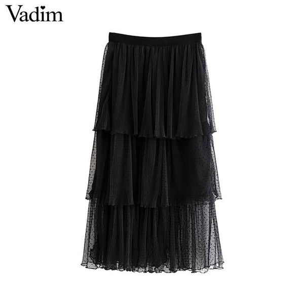 

vadim women chic black mesh skirt multi-layered ruffles elastic waist female mid calf casual stylish skirts ba800, Black;gray