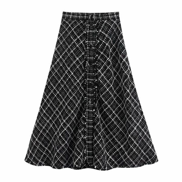 

2020 spring women's new high waist skirt decorated with metallic yarn, burr hem, metallic yarn, twill soft tweed skirt 094790400, Black