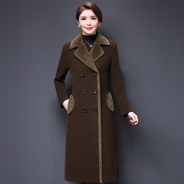 

large size 4xl winter women long paragraph cashmere coat outwear female slim turn-down collar thick woolen blends overcoat o362, Black