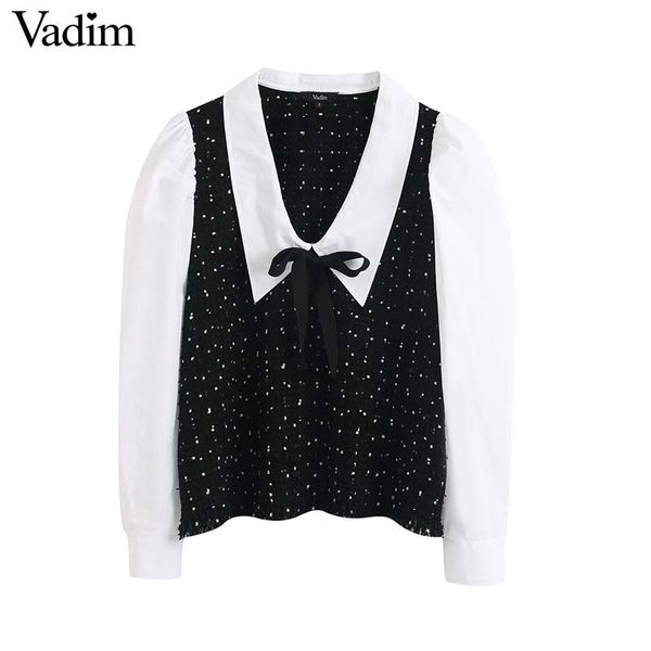 

women's blouses & shirts vadim women swet tweed patchwork blouse bow tie decorate tassels female casual long sleeve chic office wear l, White