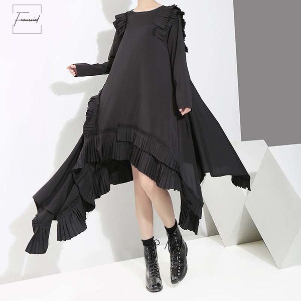 

new dress spring summer round neck long sleeve ruffles joint irregular twill split hem loose women fashion tide ji045, Black;gray