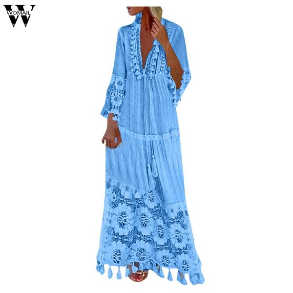 

womail 2019 новый стиль женщин платье повседневная богемия свободного покроя богемный большой размер v-образным вырезом сплошной цвет кружев, Black;gray