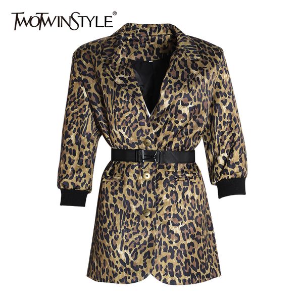 

twotwinstyle leopard print blazer for women notched collar long sleeve sashes long elegant coats female 2019 fashion new, White;black