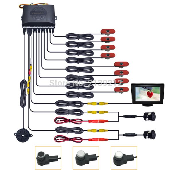 

feeldo car 4.3" lcd monitor +16.5mm 8-sensor radar + 2pcs 18.5mm ccd camera dual visual rearview video parking sensor system