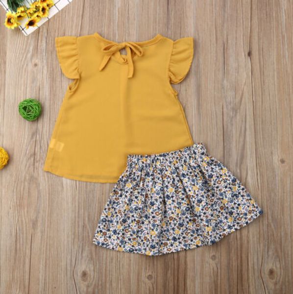 

children summer clothing 1-5y toddler kid baby girl clothes sets yellow chiffon +floral a-line skirt outfits clothes, White
