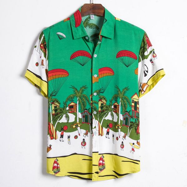 

mens 2020 man shirt mens ethnic printed stand collar cotton linen stripe short sleeve loose hawaiian henley shirt hawaiian shirt, White;black