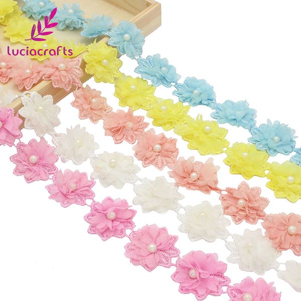 

lucia crafts 1yard/lot 4.5cm multi colors flowers chiffon lace trim ribbons diy sewing handmade materials accessories n0604, Pink;blue