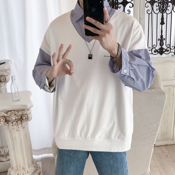 

korean fake two-piece shirt men's fashion dress shirt business casual men streetwear wild loose long-sleeved shirts mens, White;black