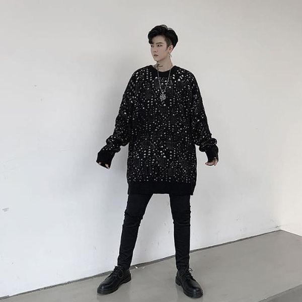 

men autumn winter loose figured pattern casual pullover knitted sweater male women streetwear hip hop fashion sweater, White;black
