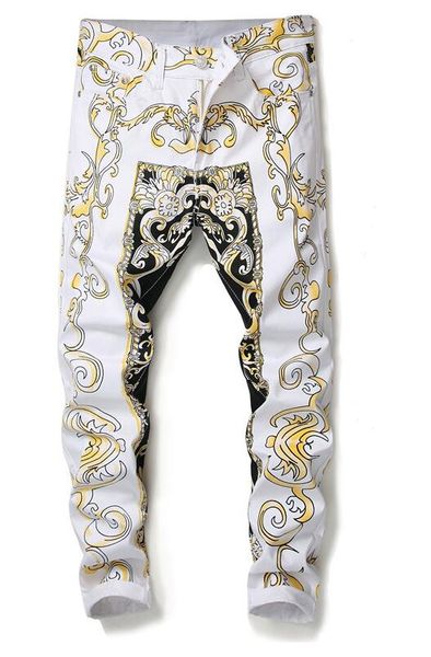 

2018 new jeans men spring and summer models korean version of the trend of self-cultivation printing washed painted hand-painted trousers, Blue