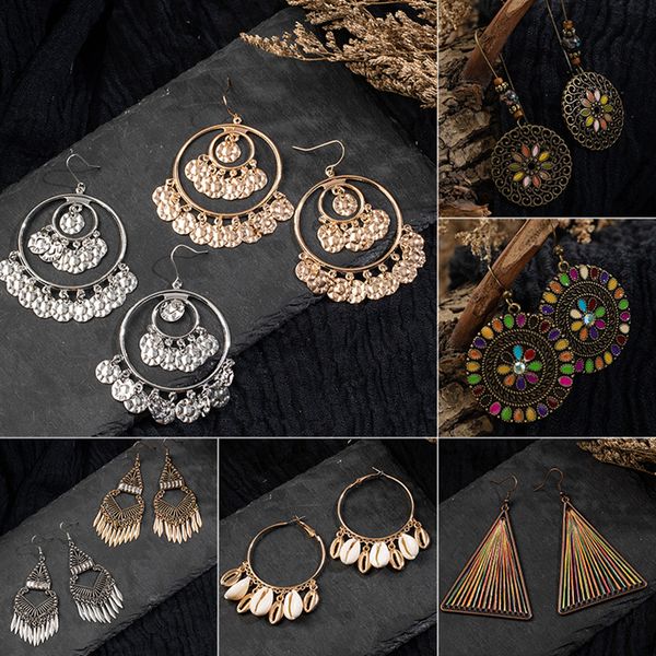 

ethnic charm hollow shell dangle earring for women vintage round golden & silver water drop tassel fashion women's earrings 2019