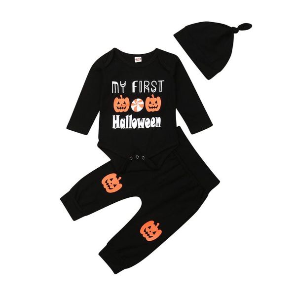 

newborn baby boy girl halloween pumpkin outfits set 3pcs bodysuit long sleeve pant hat clothes suit spring toddler infant, White