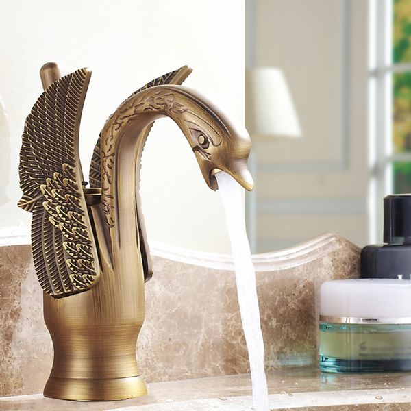 

antique brass swan shape bathroom basin sink faucet one hole traditional style mixer tap deck mounted with two pipes