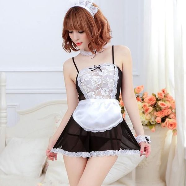 

women french maid uniform outfit temptation lace erotic lingerie underwear set with g-string cosplay costume roll play, Black