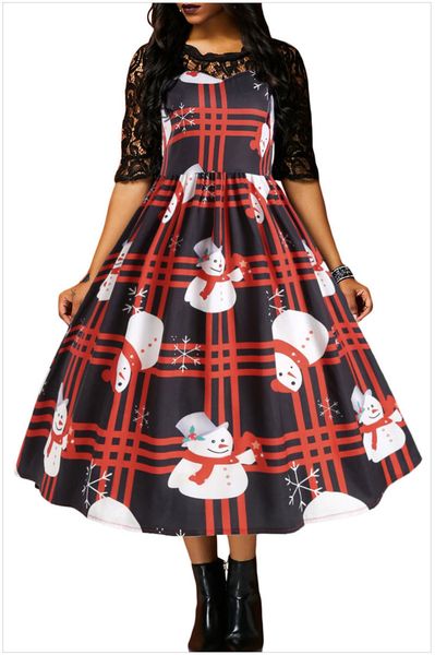 

christmas snowman womens party dresses plaid print female a line dress lace long style skinny casual womens apparel, White;black