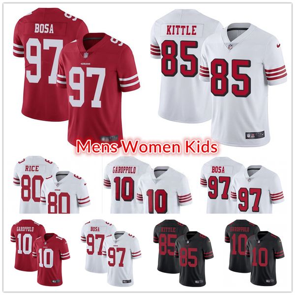 

mens women youth san francisco 49ers jersey 80 jerry rice85 george kittle 10 jimmy garoppolo nick bosa richard sherman football jerseys, Black;red