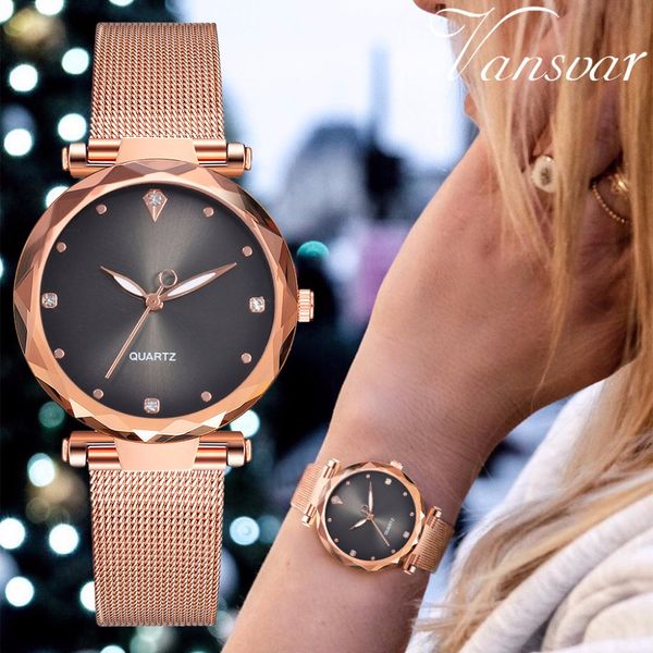 

vansvar women quartz watches stainless steel band mesh magnet buckle starry sky analog wrist watch bracelet clock reloj mujer, Slivery;brown