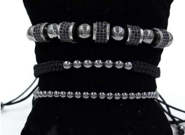 

4mm 3pcs/lot jnj23 gold silver copper cz zircon cubic zirconia elastic ball bead crown punk macrame charm bracelet bangles, Black