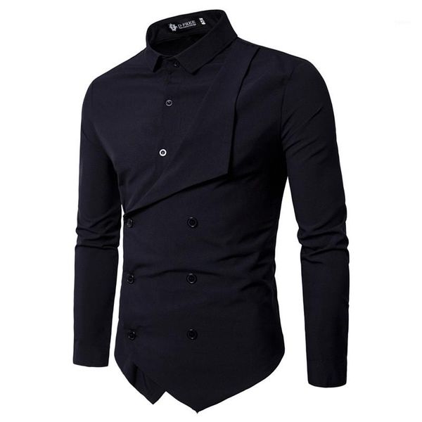 

turn-down collar shirts males clothing slim mens designer shirts double breasted faketwo long sleeve mens casual shirts, White;black