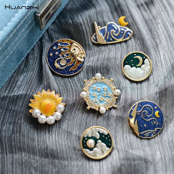 

huanzhi baroque vintage pearls crystal egypt sun moon cloud sunflower pin alloy round geometric brooch for women jewelry gift, Gray