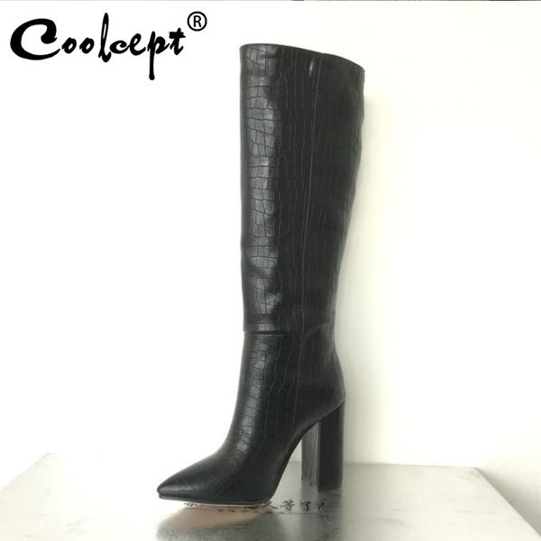 

coolcept women warm knee boots fashion thick high heels long boots fur pointed toe winter solid color footwear size 34-43, Black