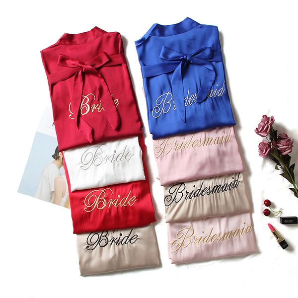

mini bride bridesmaid wedding kimono bathrobe women rayon embroidery robe sleep nightshirt sleepwear wedding robes -xl, Black;red