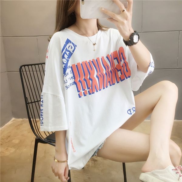 

fashion letter women's short-sleeved student 2020 loose casual round collar fashion letter women's t-shirt short-sleeved student 2, White