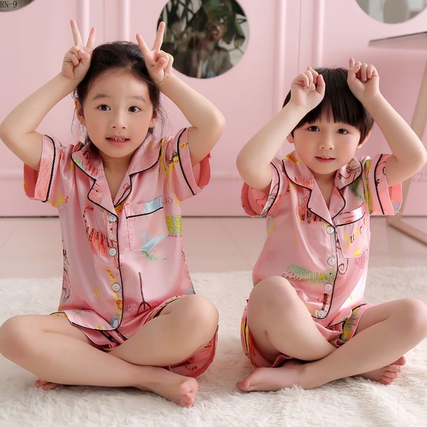 

girls summer thin pajama suit children silk cotton children's suit short-sleeved home wear girls sleepwear kids baby loungewear, Blue;red