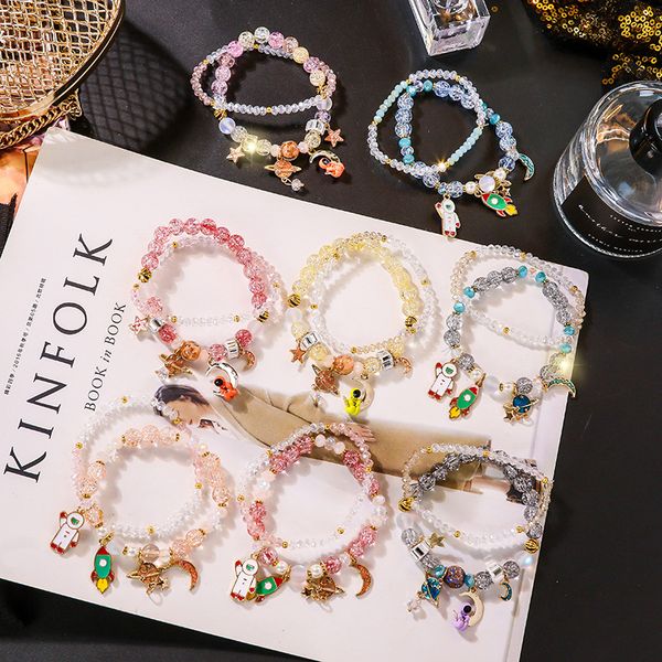 

sweet girl creative simple double-layer beaded crystal star moon astronaut pendant bracelet fashion female jewelry accessories, Black